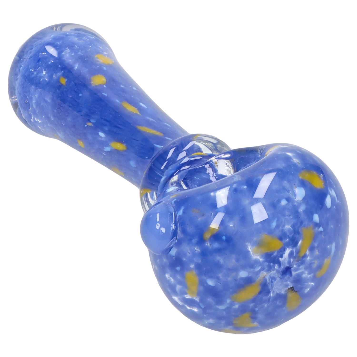 Angled close-up of the Smoke Cartel Frit with Twisted Mouthpiece Spoon Pipe - 4 in., showing a blue glass bowl with yellow speckles and a twisted clear mouthpiece.