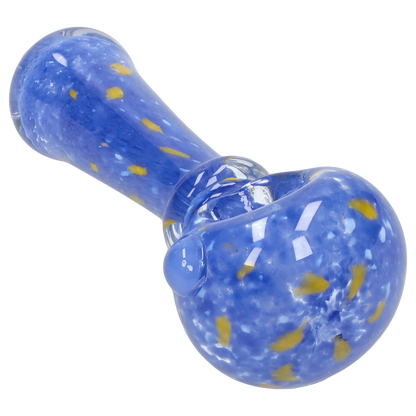 Angled close-up of the Smoke Cartel Frit with Twisted Mouthpiece Spoon Pipe - 4 in., showing a blue glass bowl with yellow speckles and a twisted clear mouthpiece.