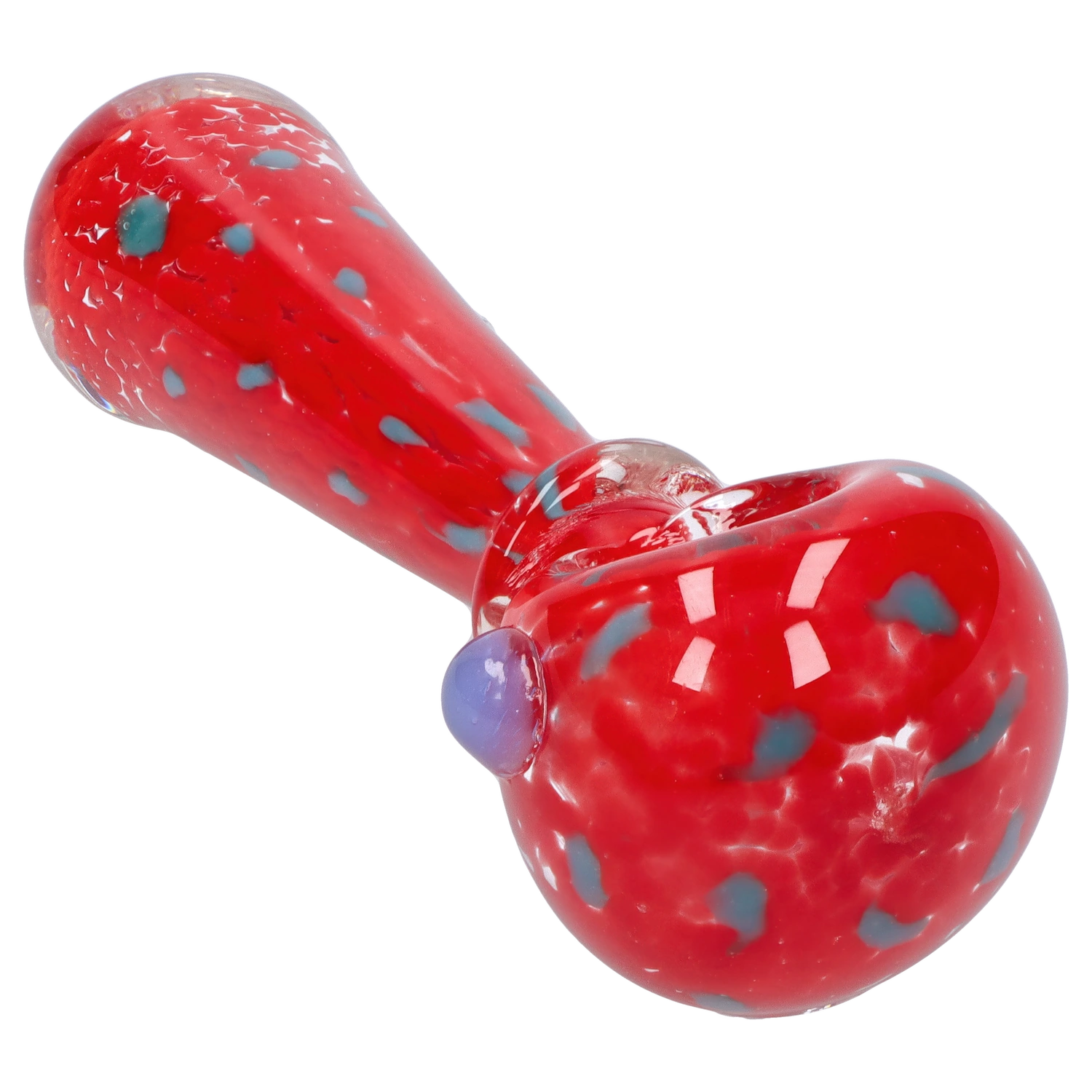 Angled close-up of the red Smoke Cartel Frit with Twisted Mouthpiece Spoon Pipe - 4 in., showing blue frit speckles and a glossy finish.