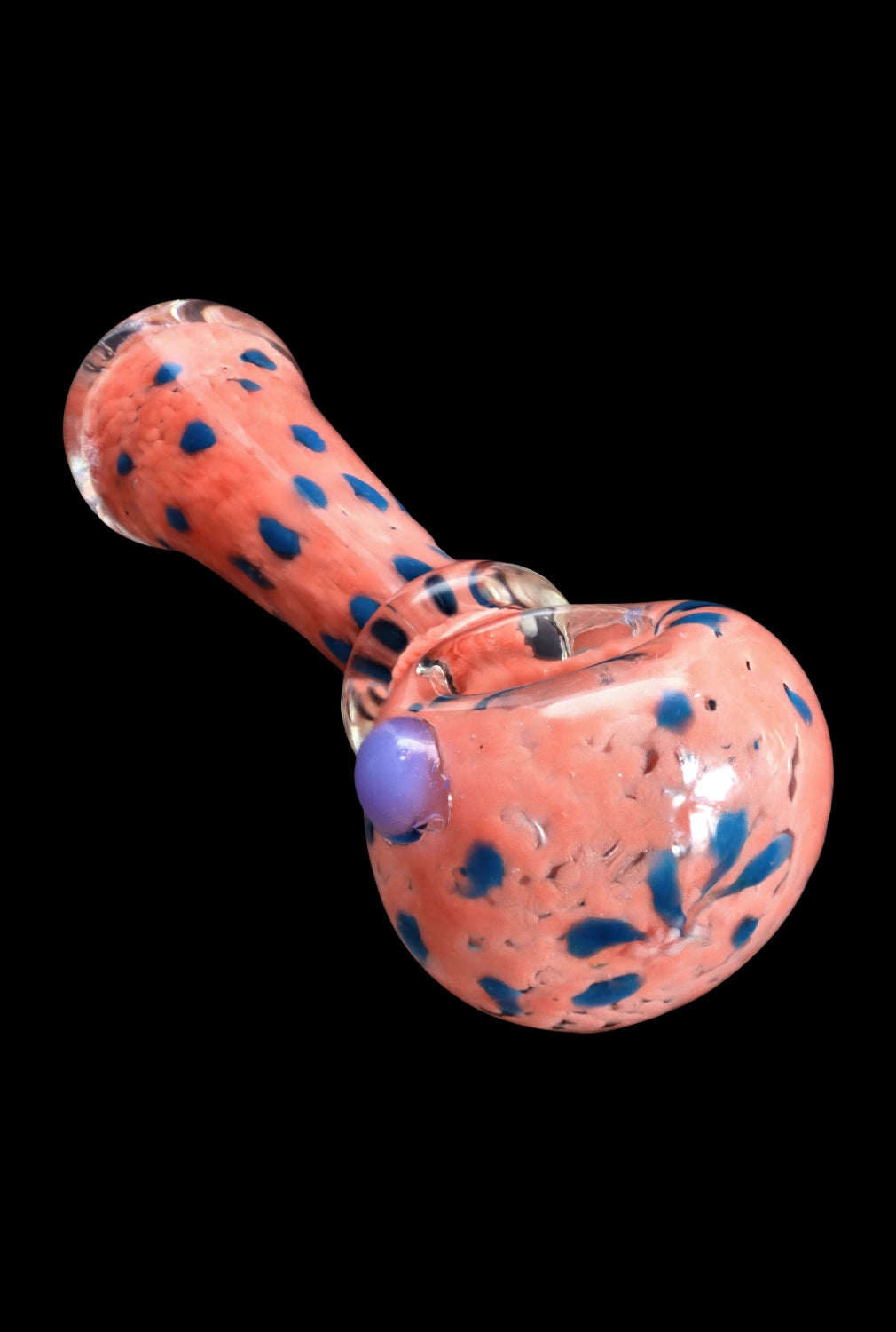 Side view of the SC Frit with Twisted Mouthpiece Spoon Pipe, showcasing its colorful, speckled glass design.