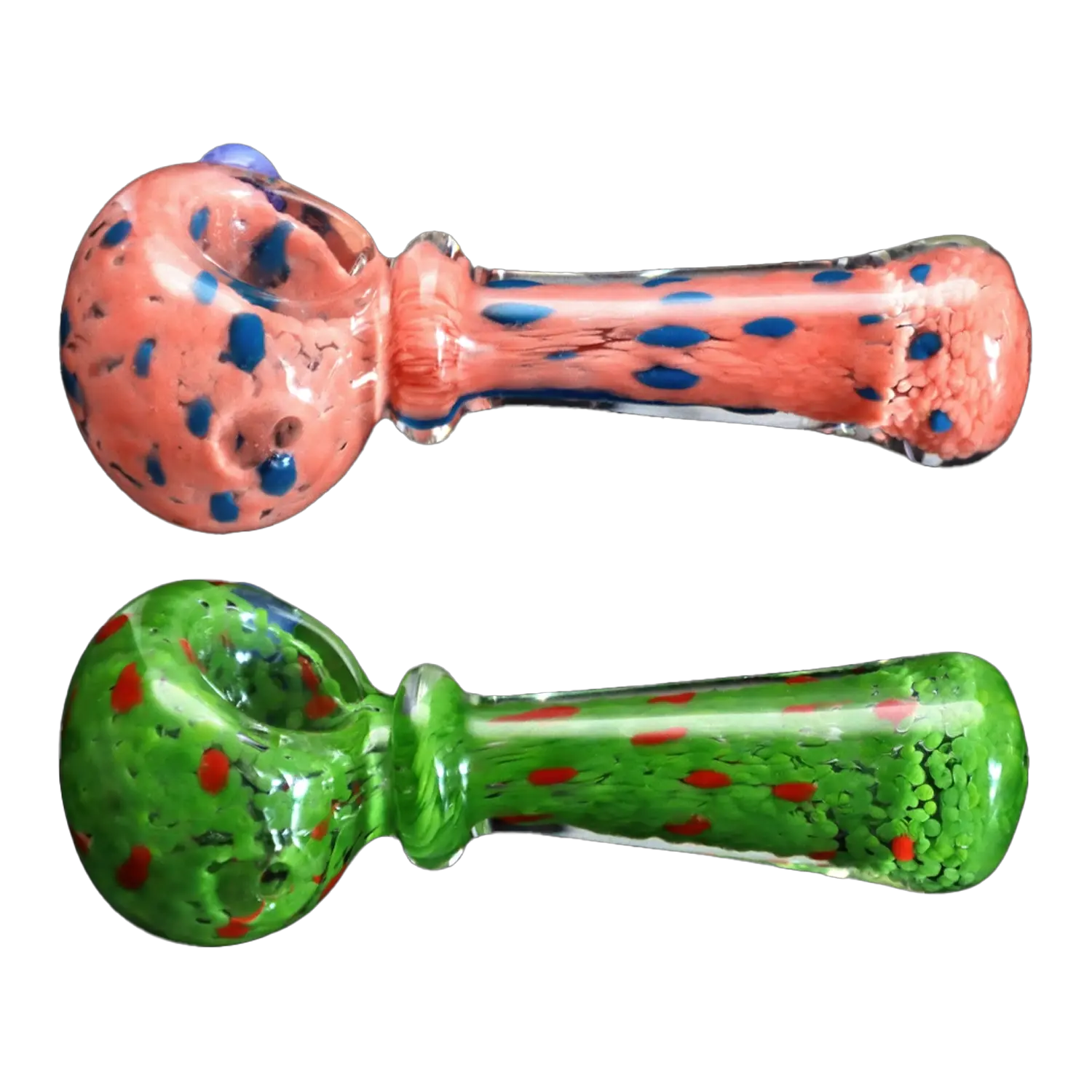 Top-down view of two colorful spoon pipes, featuring the Smoke Cartel Frit with Twisted Mouthpiece Spoon Pipe - 4 in. in pink with blue speckles above a green with red speckled variant.