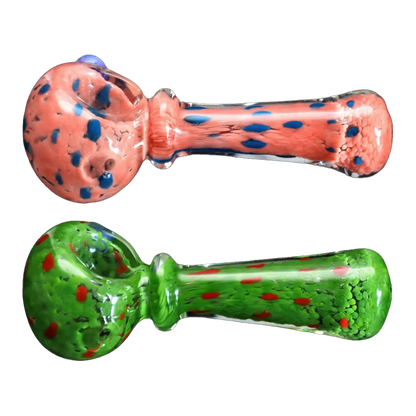 Top-down view of two colorful spoon pipes, featuring the Smoke Cartel Frit with Twisted Mouthpiece Spoon Pipe - 4 in. in pink with blue speckles above a green with red speckled variant.