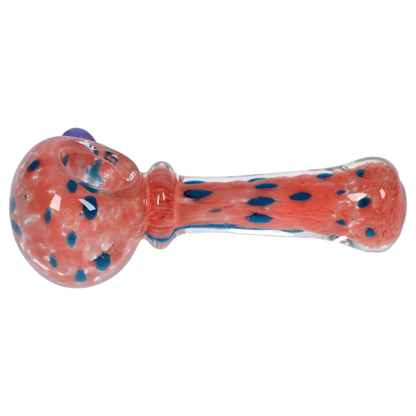 Top-down view of the Smoke Cartel Frit with Twisted Mouthpiece Spoon Pipe - 4 in., showing a pink glass spoon pipe with blue frit speckles and a rounded bowl.