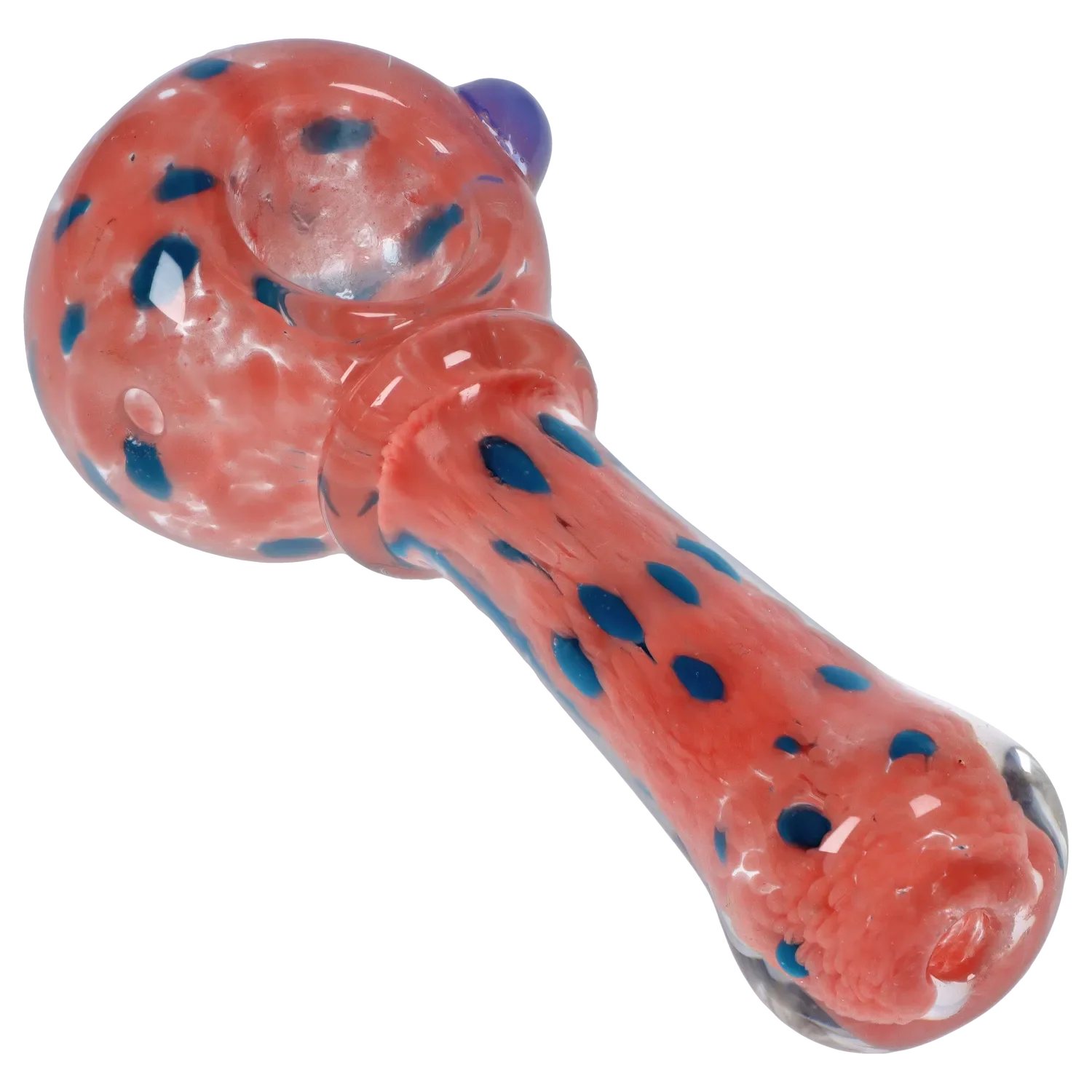 Angled close-up of the Smoke Cartel Frit with Twisted Mouthpiece Spoon Pipe - 4 in., showing a milky pink glass body with blue spots.