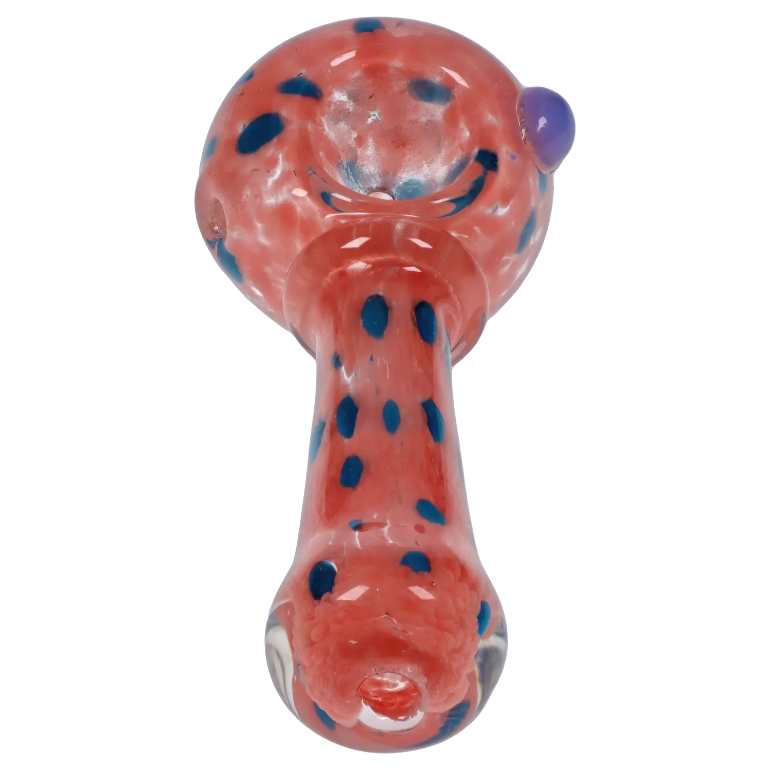 Top-down close-up of the Smoke Cartel Frit with Twisted Mouthpiece Spoon Pipe - 4 in., showing a red glass bowl and stem with scattered blue frit dots and a side purple knob.