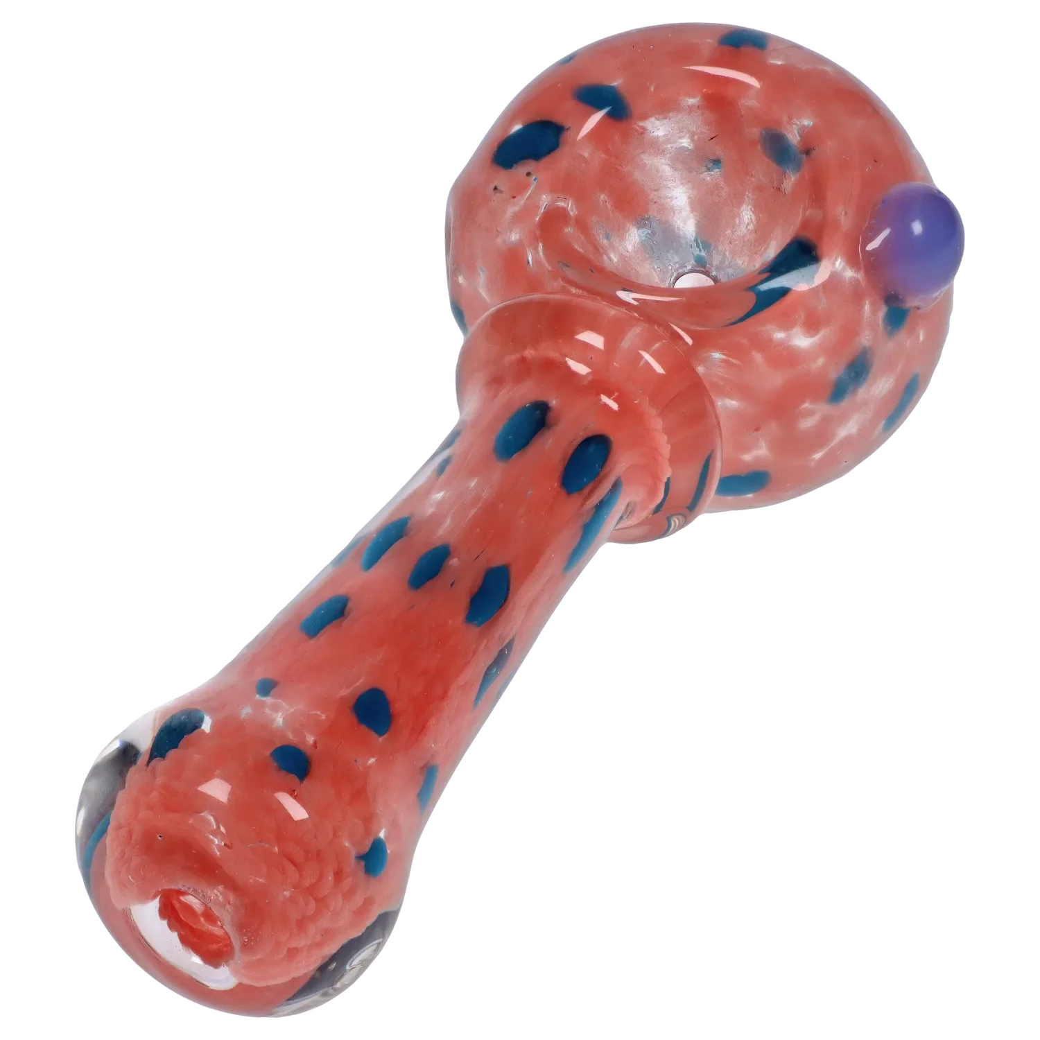 Angled close-up of the Smoke Cartel Frit with Twisted Mouthpiece Spoon Pipe - 4 in., showing a coral glass body with scattered blue frit dots and a rounded bowl.