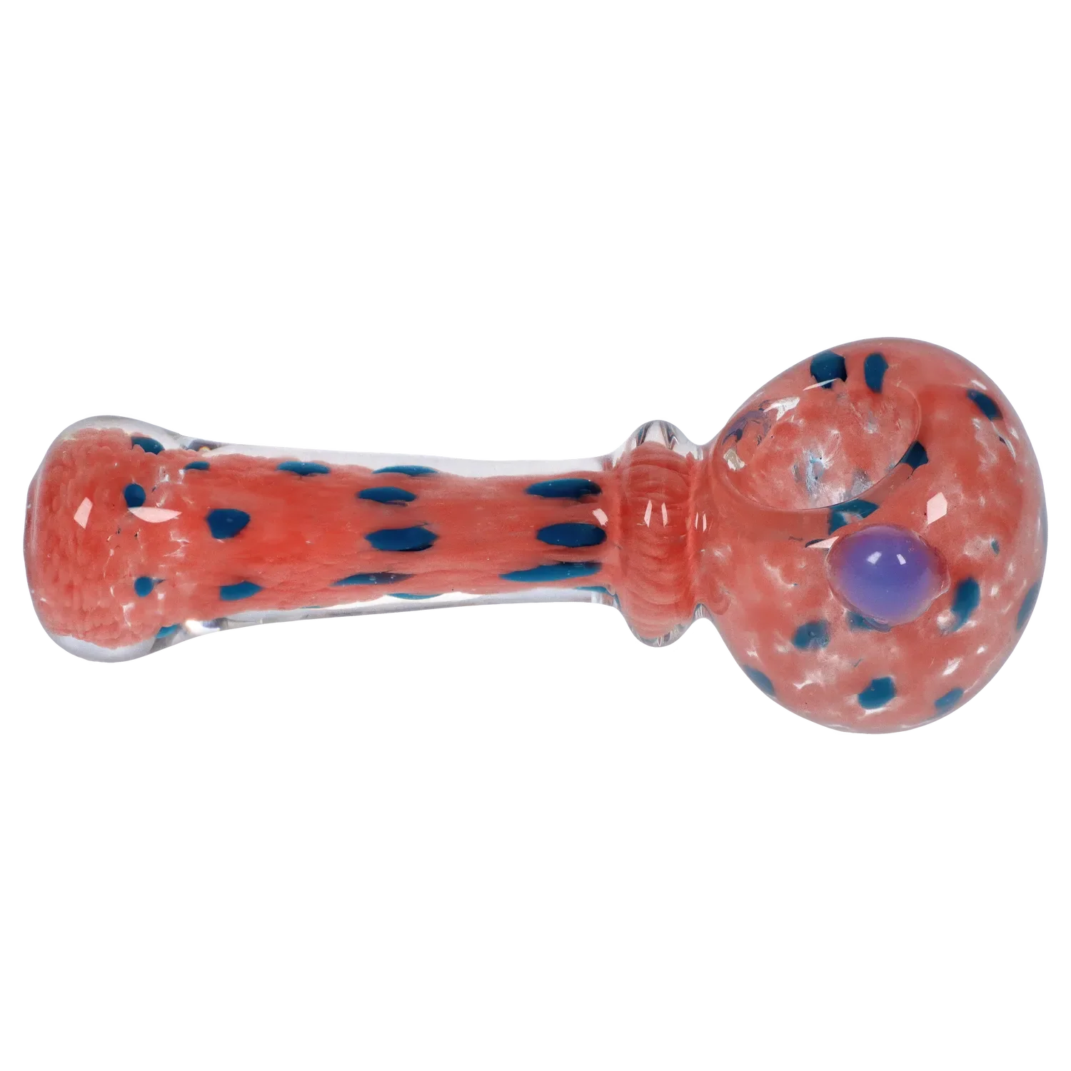 Side view of the Smoke Cartel Frit with Twisted Mouthpiece Spoon Pipe - 4 in., showing a pinkish orange glass body with blue flecks and a rounded bowl with a purple marble.