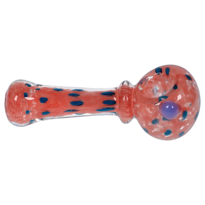 Side view of the Smoke Cartel Frit with Twisted Mouthpiece Spoon Pipe - 4 in., showing a pinkish orange glass body with blue flecks and a rounded bowl with a purple marble.