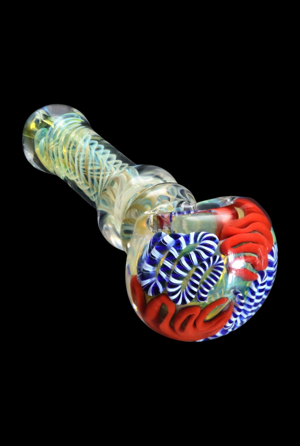A side view of the SC Twisting Art Spoon Pipe, showcasing its colorful glass swirls and compact 3.5-inch design.