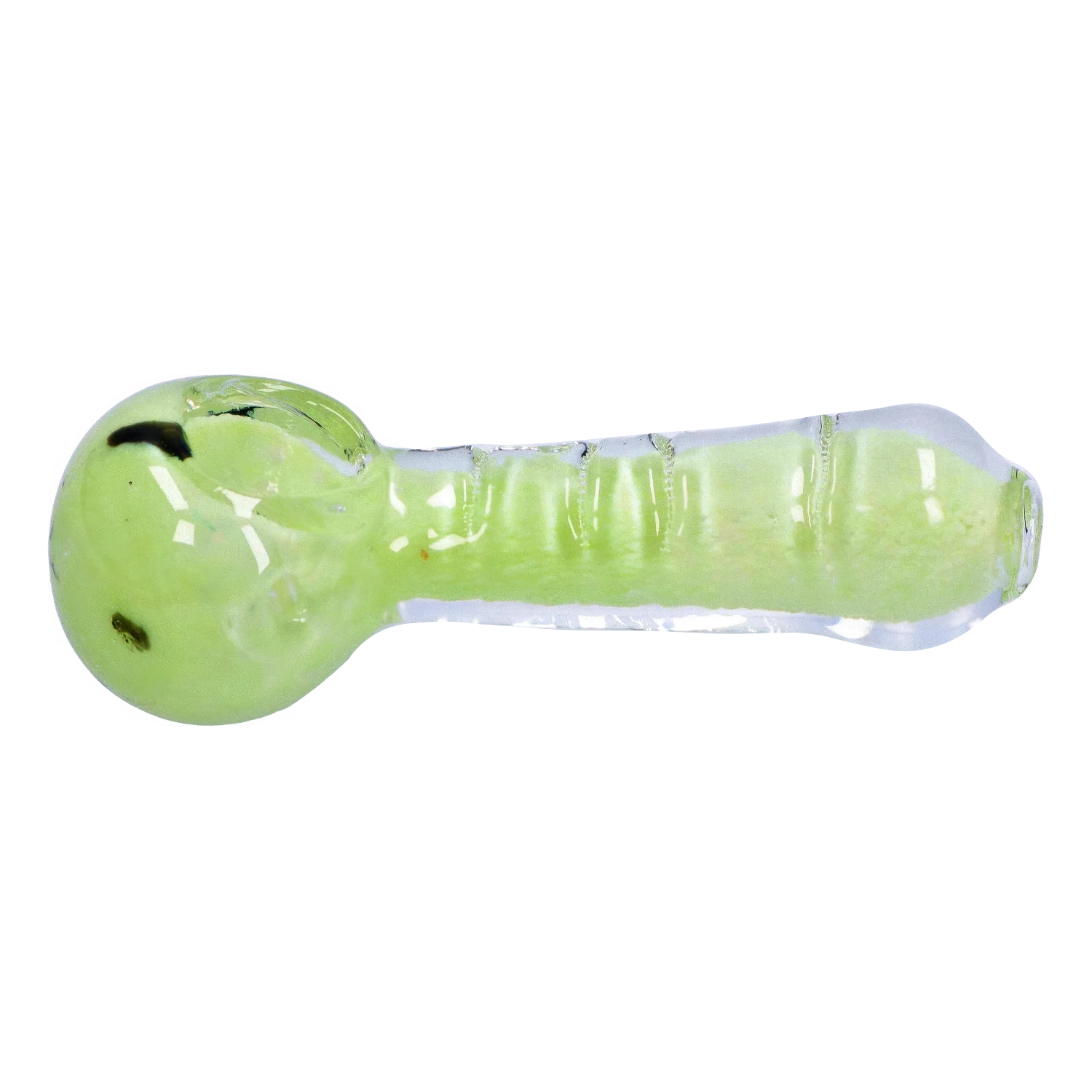Side view of the Smoke Cartel Frit Marble Rim Pastel Spoon Pipe - 3.5 in., showing its lime-green glass bowl and clear-rimmed pastel handle with reflective highlights.