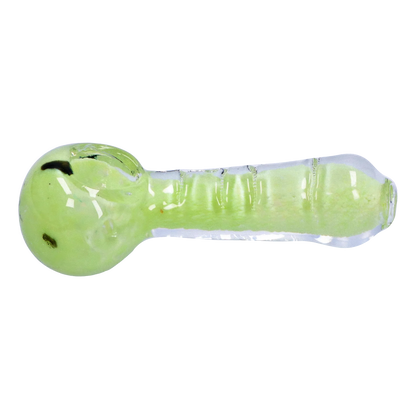 Side view of the Smoke Cartel Frit Marble Rim Pastel Spoon Pipe - 3.5 in., showing its lime-green glass bowl and clear-rimmed pastel handle with reflective highlights.