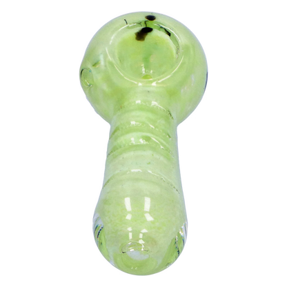Top-down close-up of the pale green Smoke Cartel Frit Marble Rim Pastel Spoon Pipe - 3.5 in., showing the bowl, rounded rim, and textured stem.