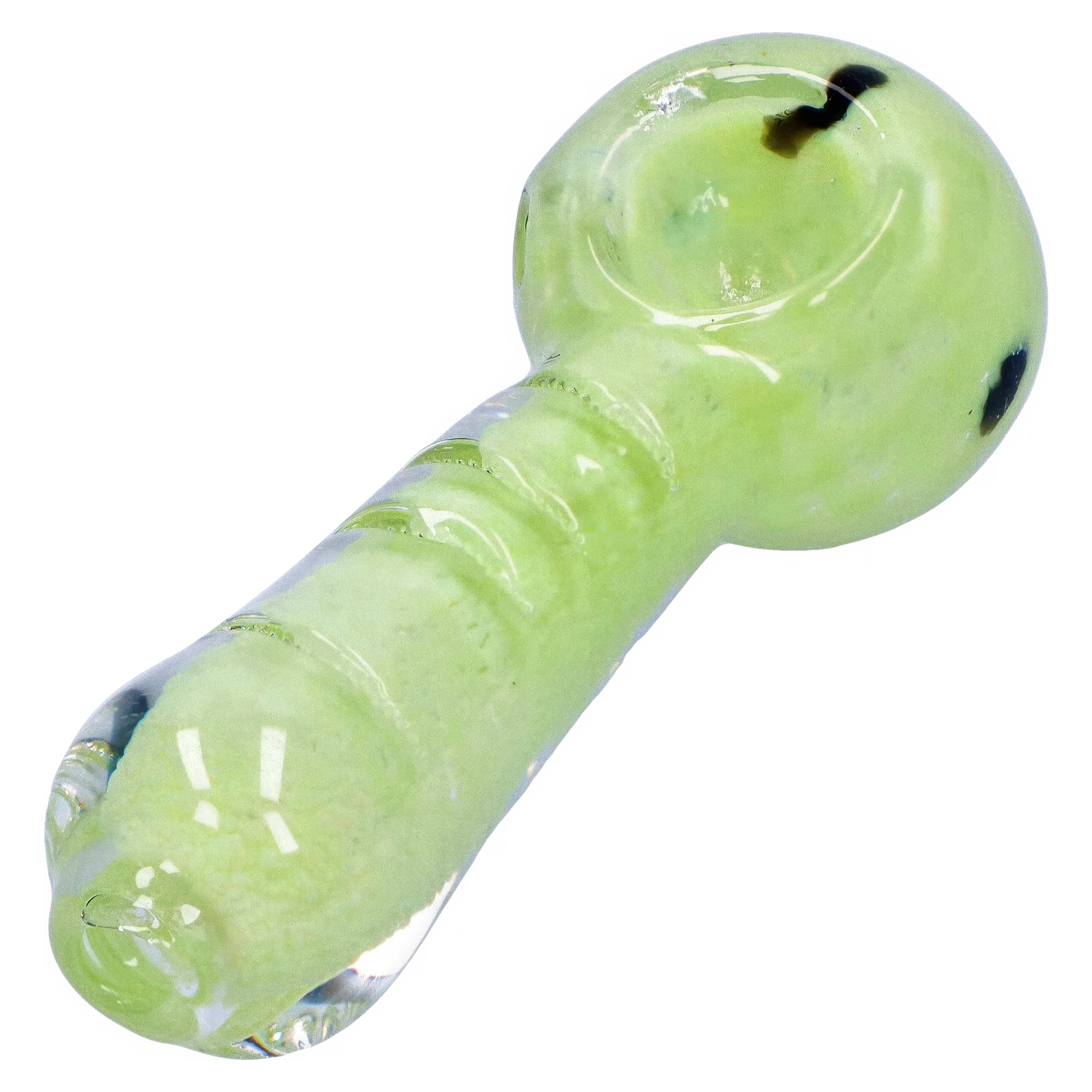 Angled close-up of the pale green Smoke Cartel Frit Marble Rim Pastel Spoon Pipe - 3.5 in., showing its glossy bowl, ridged neck, and dark frit accents.