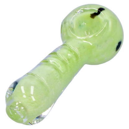 Angled close-up of the pale green Smoke Cartel Frit Marble Rim Pastel Spoon Pipe - 3.5 in., showing its glossy bowl, ridged neck, and dark frit accents.