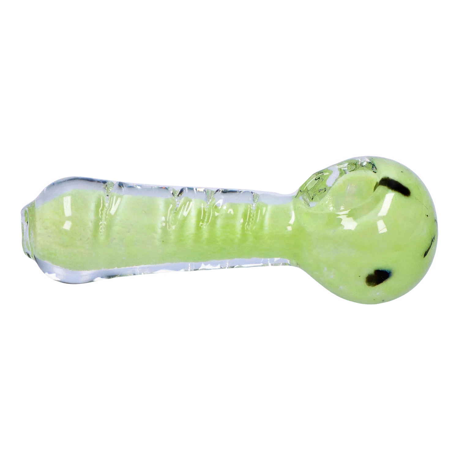 Side view of the Smoke Cartel Frit Marble Rim Pastel Spoon Pipe - 3.5 in., showing a translucent pale green glass spoon with a round bowl and clear glass rim.