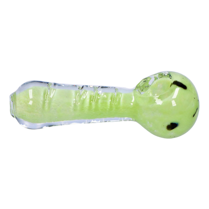Side view of the Smoke Cartel Frit Marble Rim Pastel Spoon Pipe - 3.5 in., showing a translucent pale green glass spoon with a round bowl and clear glass rim.