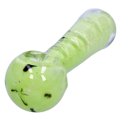 Close-up angled view of the Smoke Cartel Frit Marble Rim Pastel Spoon Pipe - 3.5 in., showing its glossy pale green body, rounded bowl and ribbed neck.