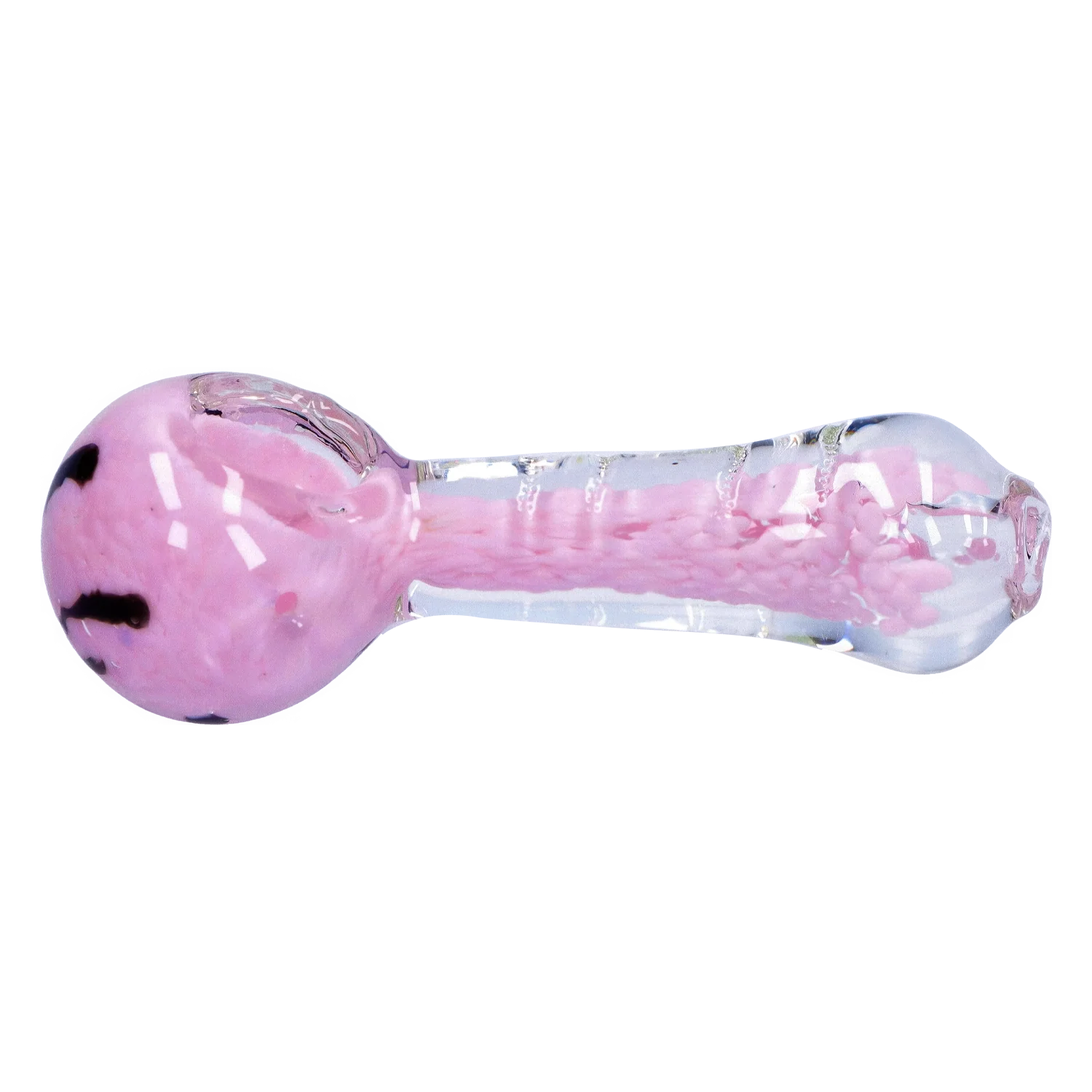 Side view of the Smoke Cartel Frit Marble Rim Pastel Spoon Pipe - 3.5 in., showing a pink frit-filled bowl and clear glass stem on a white background