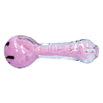 Side view of the Smoke Cartel Frit Marble Rim Pastel Spoon Pipe - 3.5 in., showing a pink frit-filled bowl and clear glass stem on a white background