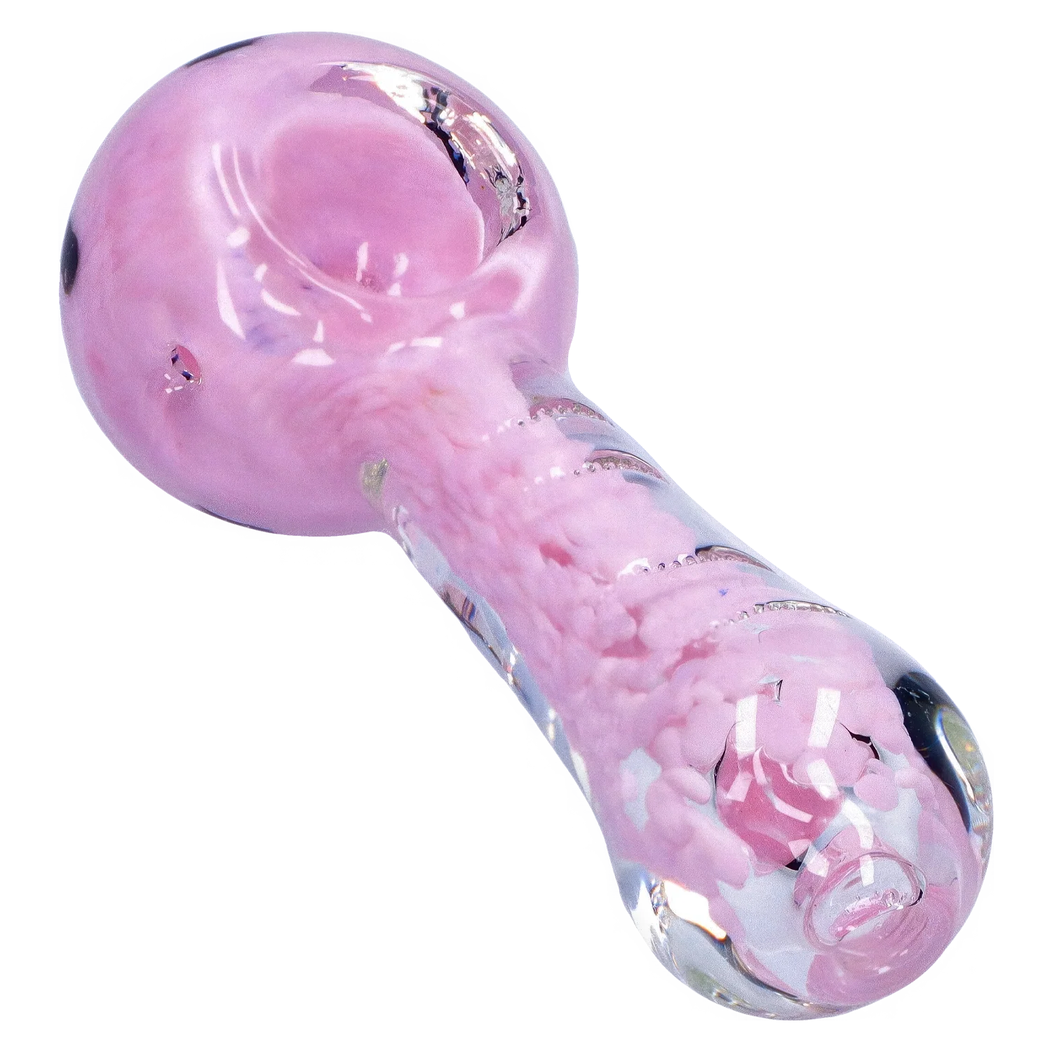 Angled close-up of the pink Smoke Cartel Frit Marble Rim Pastel Spoon Pipe - 3.5 in., showing its rounded bowl, swirled glass textures, and glossy reflections