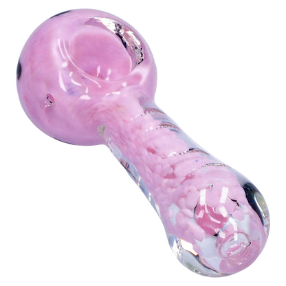 Angled close-up of the pink Smoke Cartel Frit Marble Rim Pastel Spoon Pipe - 3.5 in., showing its rounded bowl, swirled glass textures, and glossy reflections