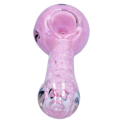 Top-down close-up of the pink Smoke Cartel Frit Marble Rim Pastel Spoon Pipe - 3.5 in., showing its rounded bowl, glossy finish, and marbled rim.