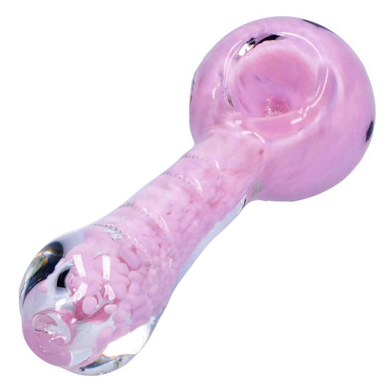 Angled close-up of the Smoke Cartel Frit Marble Rim Pastel Spoon Pipe - 3.5 in., showing its glossy pink bowl and textured pastel-flecked stem.