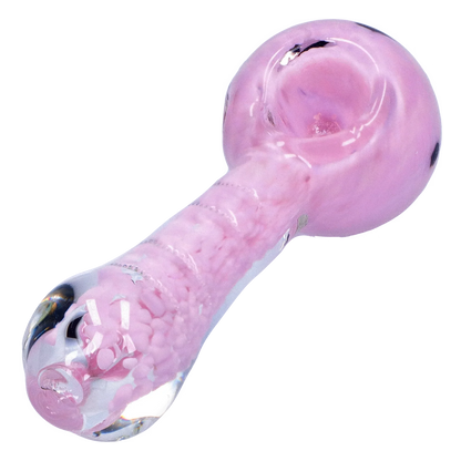 Angled close-up of the Smoke Cartel Frit Marble Rim Pastel Spoon Pipe - 3.5 in., showing its glossy pink bowl and textured pastel-flecked stem.