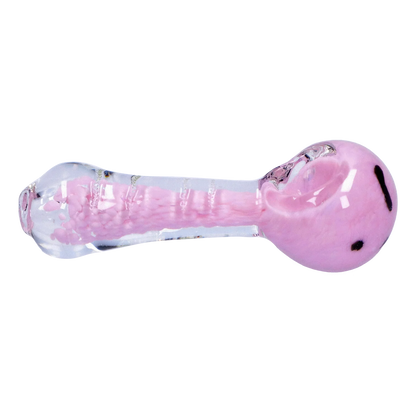 Side view of the Smoke Cartel Frit Marble Rim Pastel Spoon Pipe - 3.5 in., showing a clear glass body with a pastel pink core and rounded bowl.