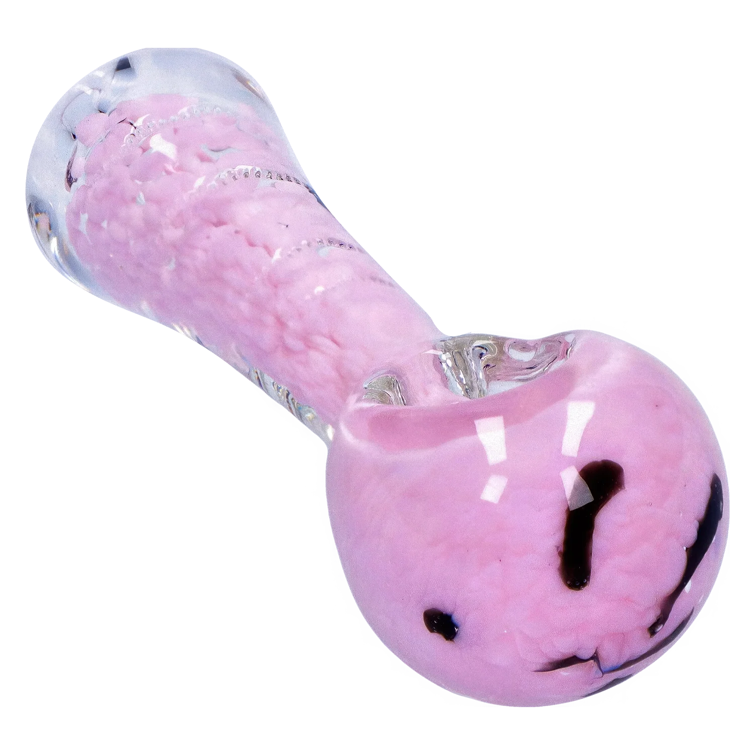 Angled close-up of the Smoke Cartel Frit Marble Rim Pastel Spoon Pipe - 3.5 in., showing its glossy pink frit body, clear glass rim, and dark swirl accents.