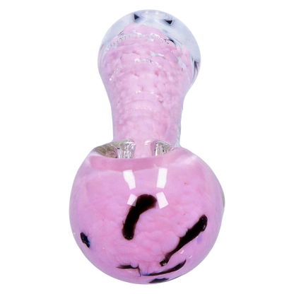 Top-down close-up of the Smoke Cartel Frit Marble Rim Pastel Spoon Pipe - 3.5 in. showing a glossy pink bowl with dark swirls and a textured pastel neck.