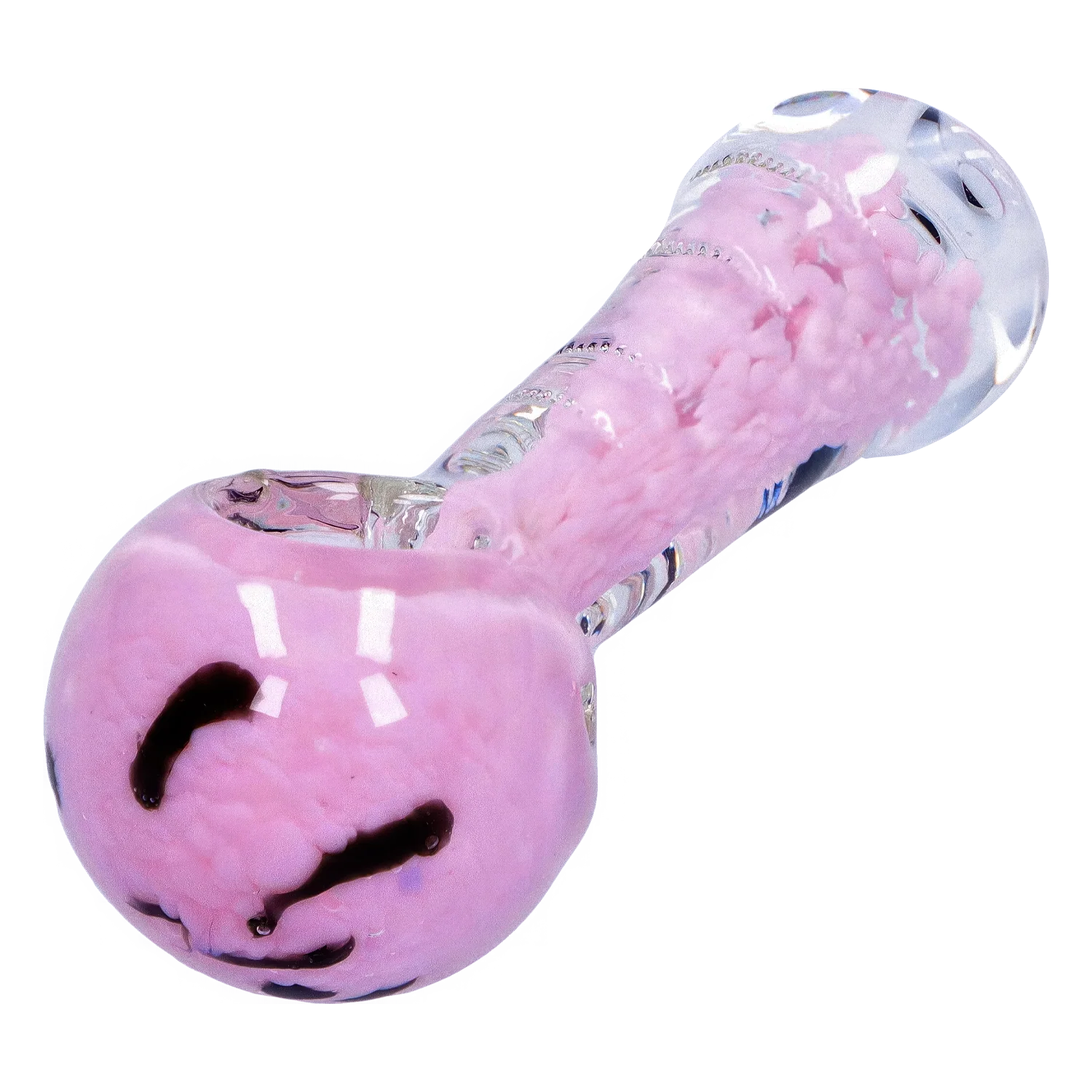 Close-up angled view of the Smoke Cartel Frit Marble Rim Pastel Spoon Pipe - 3.5 in., showing its pink marbled bowl and clear glass stem with pastel frit accents.
