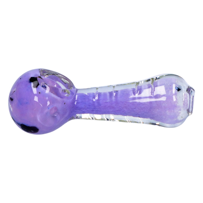 Side view of the Smoke Cartel Frit Marble Rim Pastel Spoon Pipe - 3.5 in. showing a translucent purple glass body with darker frit accents and glossy reflections.