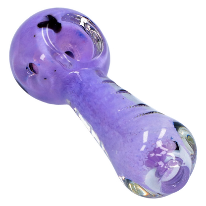Angled close-up of the purple Smoke Cartel Frit Marble Rim Pastel Spoon Pipe - 3.5 in., showing its glossy bowl and swirled rim.