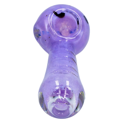 Top-down close-up of a purple Smoke Cartel Frit Marble Rim Pastel Spoon Pipe - 3.5 in., showing the bowl, rounded mouthpiece, and glossy glass reflections
