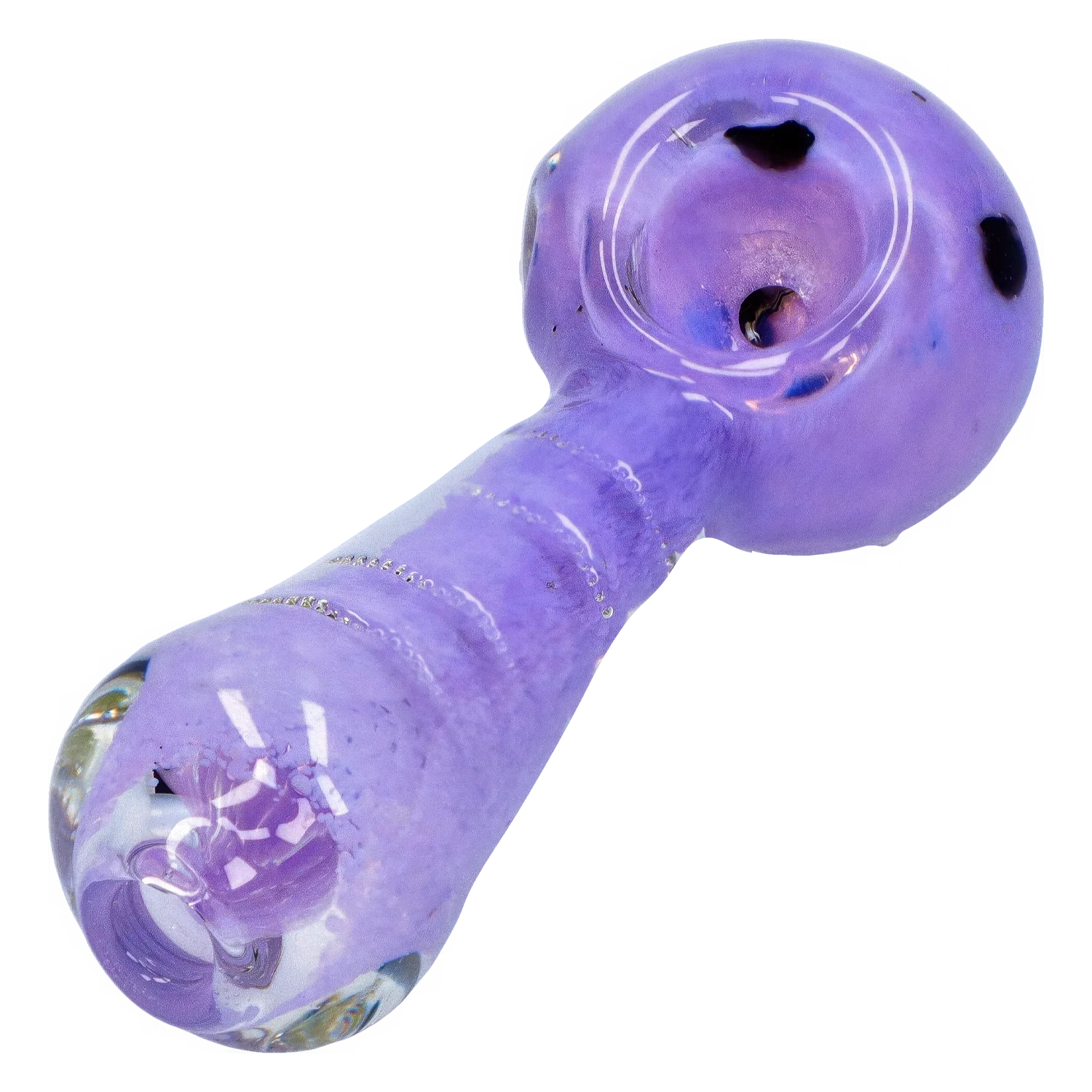 Close-up angled view of the Smoke Cartel Frit Marble Rim Pastel Spoon Pipe - 3.5 in., showing its matte lavender body, glossy rounded bowl with black frit accents, and reflective highlights.