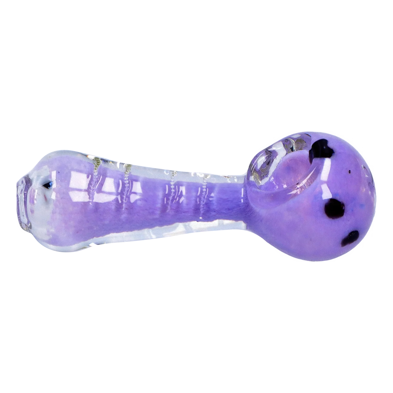 Side view of the Smoke Cartel Frit Marble Rim Pastel Spoon Pipe - 3.5 in. showing a glossy purple glass bowl and clear-frosted stem with dark dot accents.