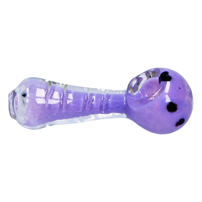 Side view of the Smoke Cartel Frit Marble Rim Pastel Spoon Pipe - 3.5 in. showing a glossy purple glass bowl and clear-frosted stem with dark dot accents.