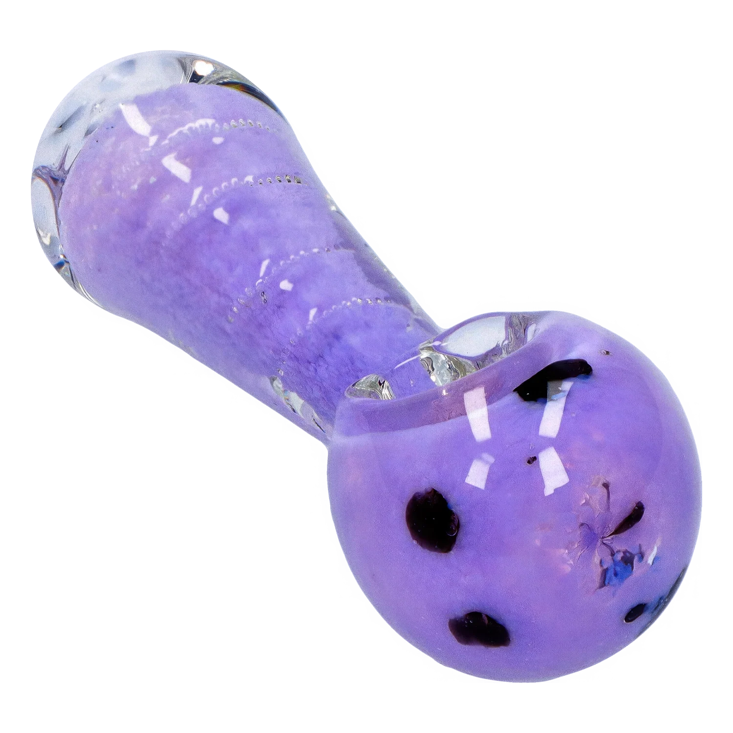 Close-up angled view of the Smoke Cartel Frit Marble Rim Pastel Spoon Pipe - 3.5 in., showing a glossy lavender bowl with black frit dots and clear glass accents.