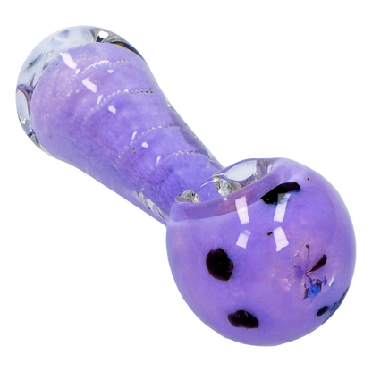 Close-up angled view of the Smoke Cartel Frit Marble Rim Pastel Spoon Pipe - 3.5 in., showing a glossy lavender bowl with black frit dots and clear glass accents.