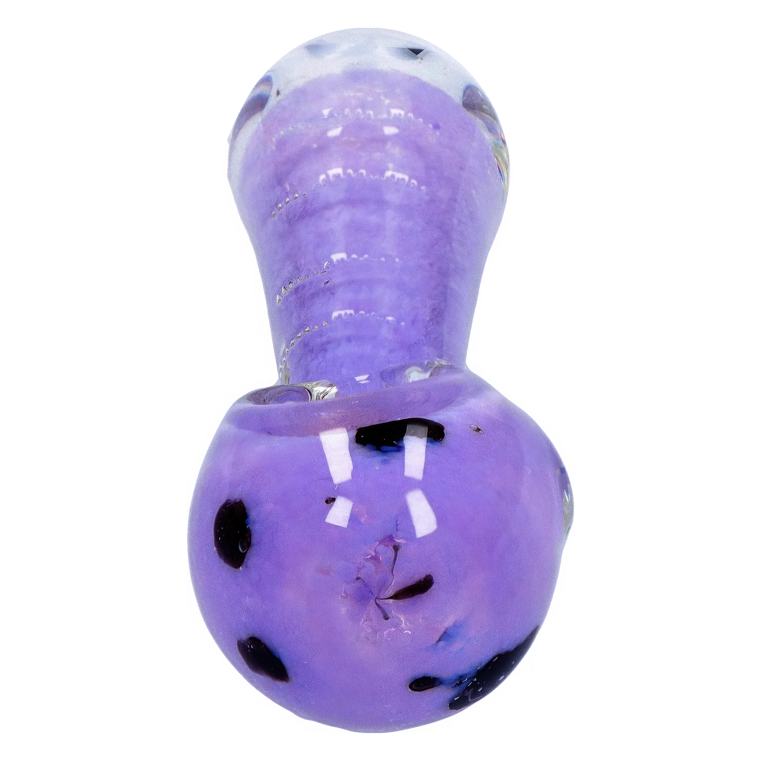 Close-up top-down view of the Smoke Cartel Frit Marble Rim Pastel Spoon Pipe - 3.5 in., showing its glossy lavender bowl, dark frit spots, and reflective highlights.