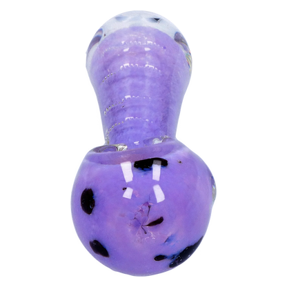 Close-up top-down view of the Smoke Cartel Frit Marble Rim Pastel Spoon Pipe - 3.5 in., showing its glossy lavender bowl, dark frit spots, and reflective highlights.