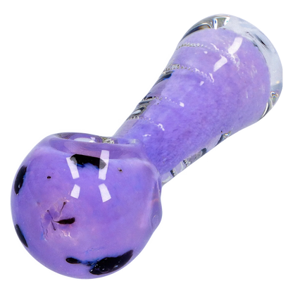 Close-up angled view of the Smoke Cartel Frit Marble Rim Pastel Spoon Pipe - 3.5 in., showing its glossy purple bowl, clear marbled rim, and reflected studio lights