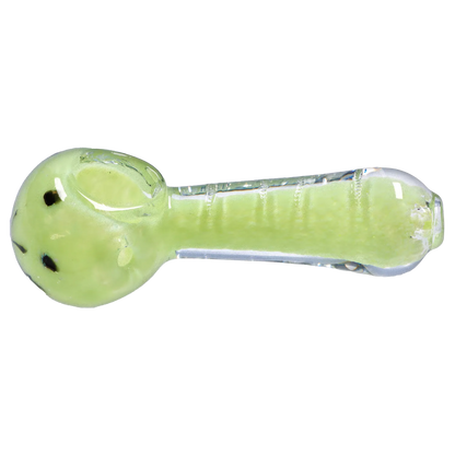 Top-down view of a light pink Smoke Cartel Frit Marble Rim Pastel Spoon Pipe - 3.5 in., showing its rounded bowl, speckled pastel surface and clear glass rim.