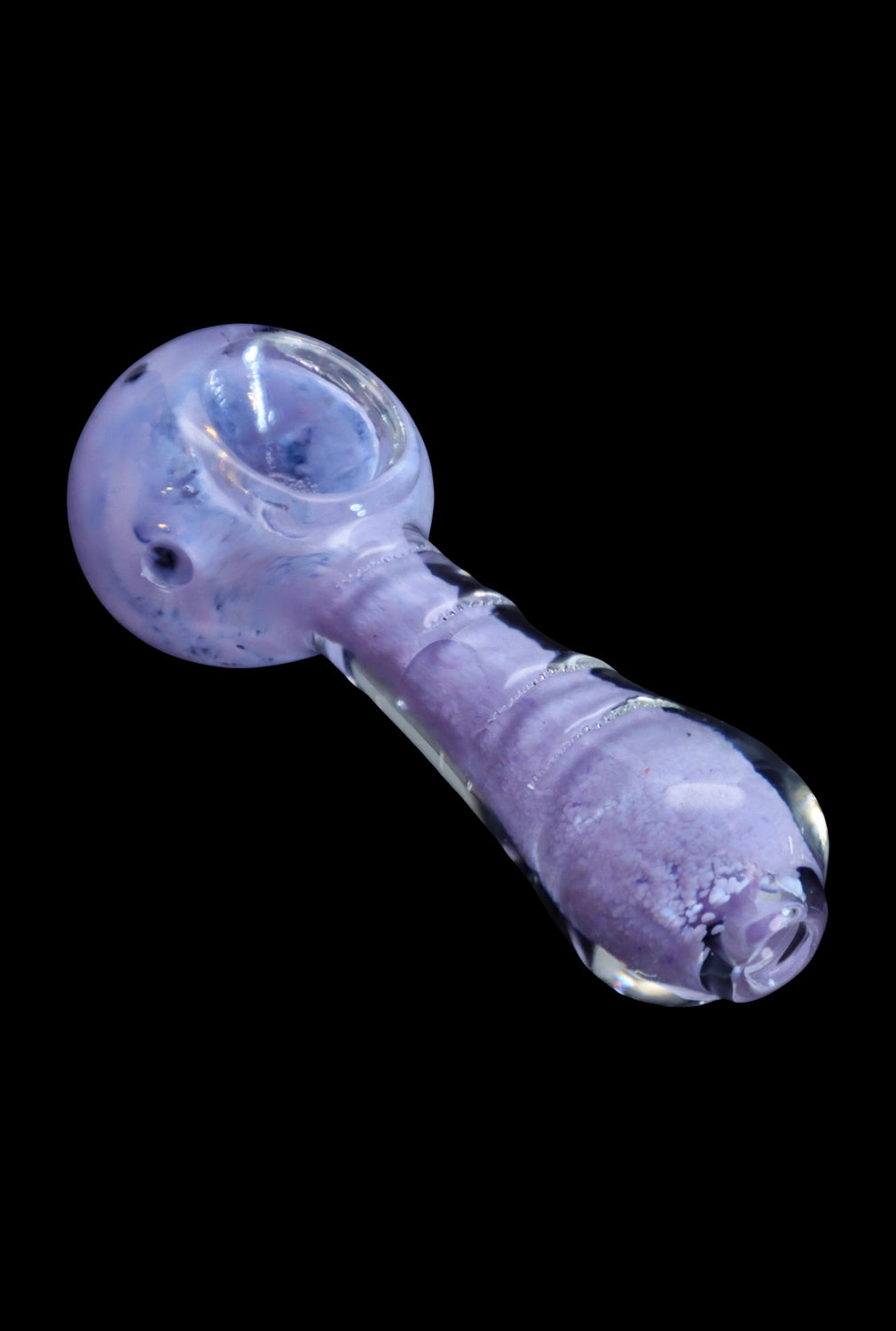 Front view of the 2.5-inch SC Frit Marble Rim Pastel Spoon Pipe, showing a light purple glass with a speckled marble rim.