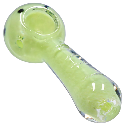 Angled close-up of the Smoke Cartel Frit Marble Rim Pastel Spoon Pipe - 3.5 in. showing a glossy pale green bowl and stem.