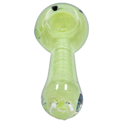 Top-down view of the Smoke Cartel Frit Marble Rim Pastel Spoon Pipe - 3.5 in. showing a glossy light green bowl and long handle with textured frit detailing.