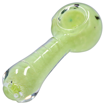 Close-up angled view of the Smoke Cartel Frit Marble Rim Pastel Spoon Pipe - 3.5 in. showing a pale green swirled bowl and glossy glass stem.