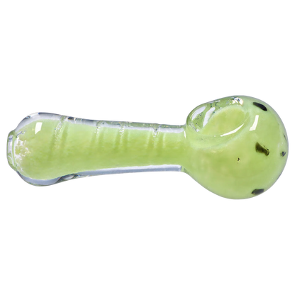 Side view of the Smoke Cartel Frit Marble Rim Pastel Spoon Pipe - 3.5 in. showing a pale green glass body with a rounded bowl and clear rim accents.