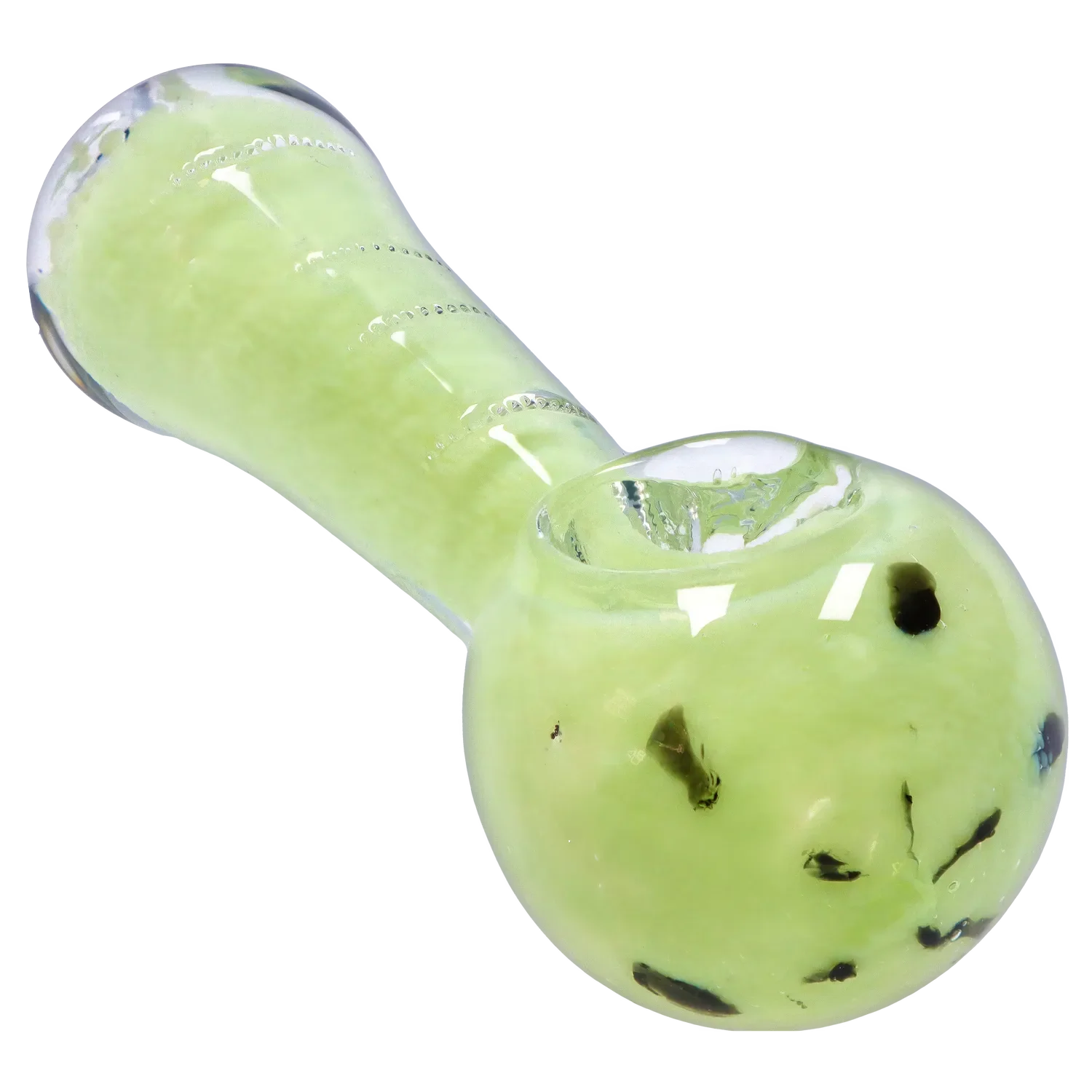 Close-up angled view of the Smoke Cartel Frit Marble Rim Pastel Spoon Pipe - 3.5 in., showing its pale green glass bowl with dark frit specks and glossy highlights